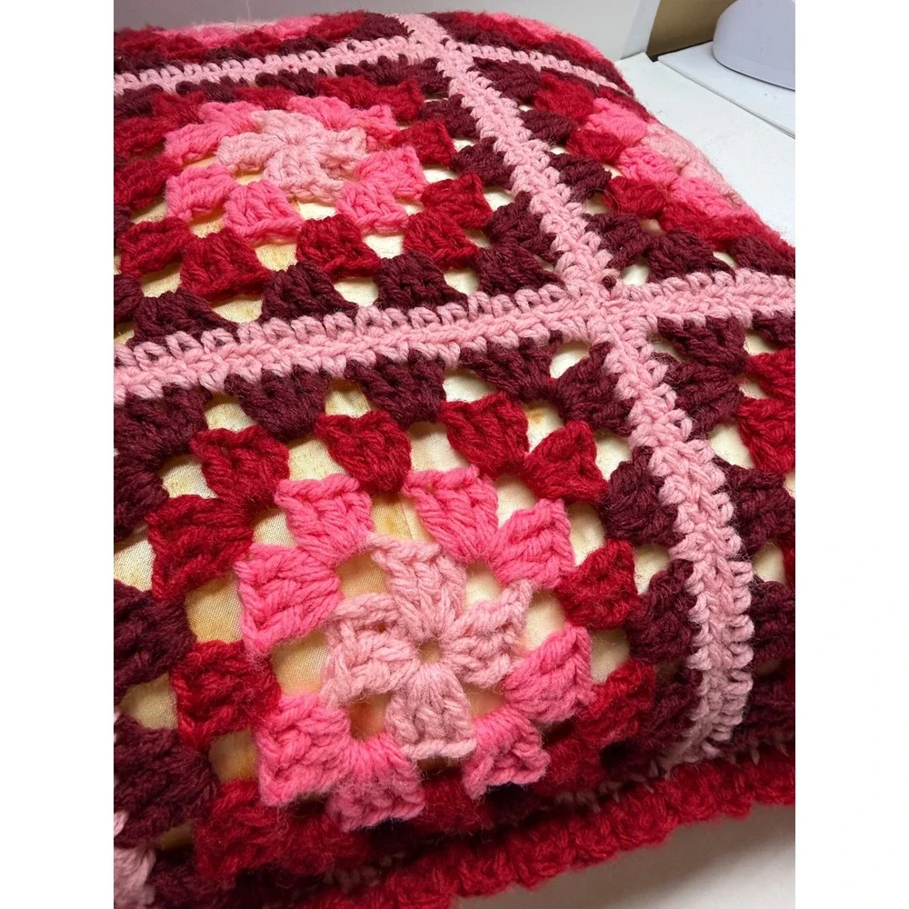 Handmade Crochet Granny Square Throw Pillow Pink Red Burgundy Retro Decorative